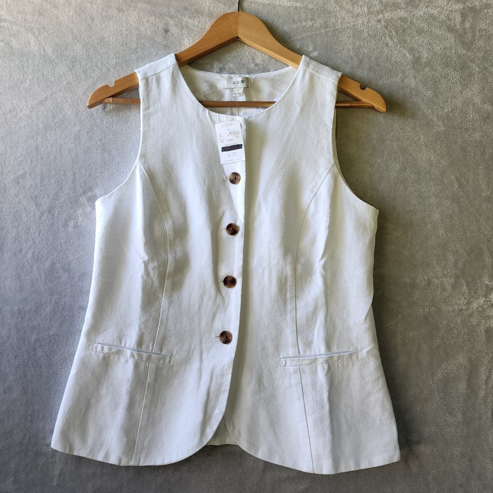J. Crew Vest Top Womens Size 2 Linen Blend White Button Front Shirt Blouse NWT